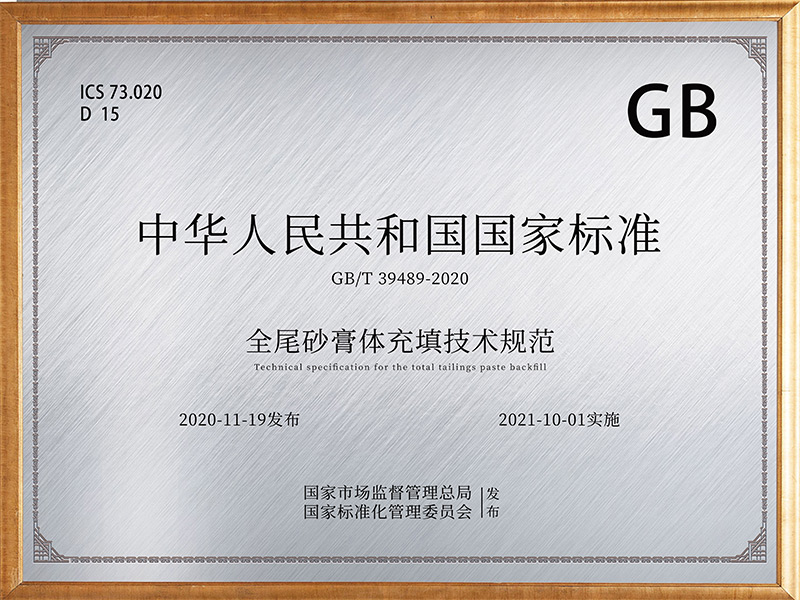 **GB/T 39489-2020** - "Technical Specifications for Full Tailings Paste Backfill" of the People's Republic of China.